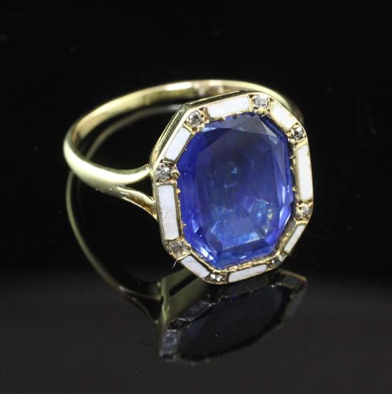 An attractive, gold, sapphire diamond and white enamel dress ring, size N